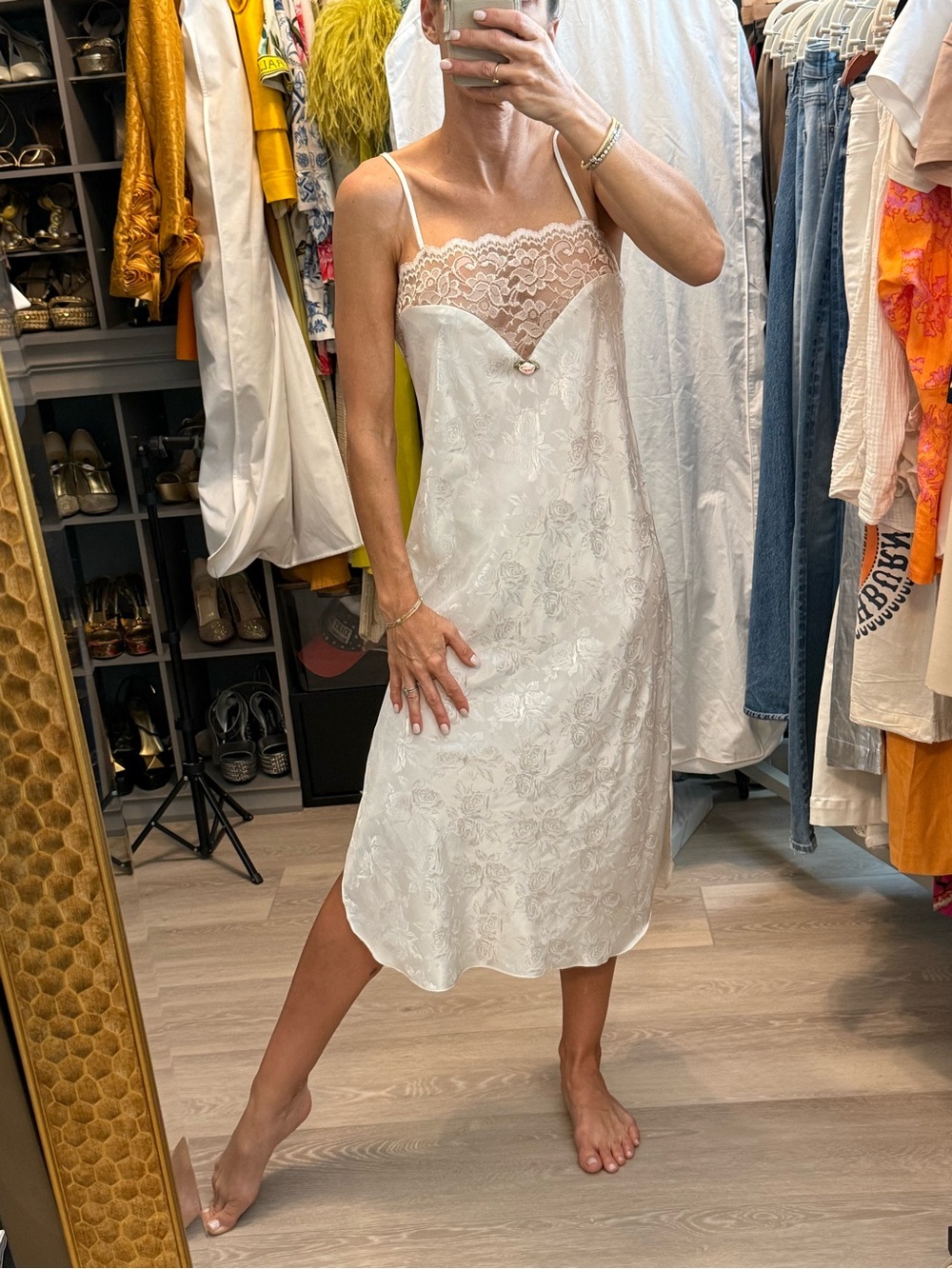 Vintage California Dynasty Lace-Trim Satin Slip Nightdress in Ivory